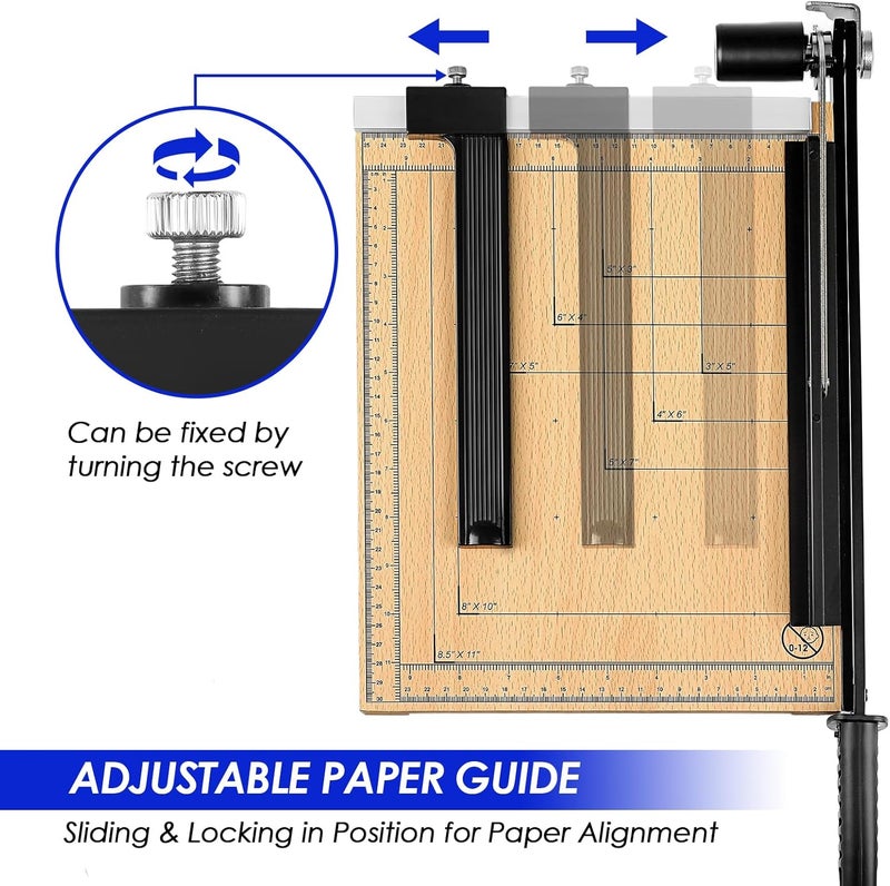 CREGEAR Paper Cutter, 12" Wood Guillotine Paper Trimmer, 12 Sheet Capacity, Heavy Duty Paper Slicer with Adjustable Guide, Safety Guard and Blade Lock - Image 2